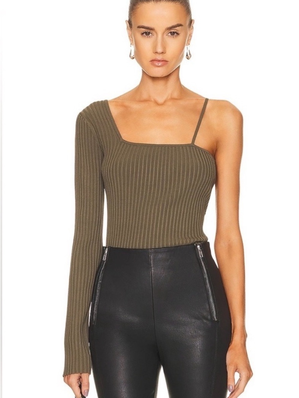 NWT Helmut Lang Asymmetric One-Shoulder Ribbed Sweater Top - Olive M